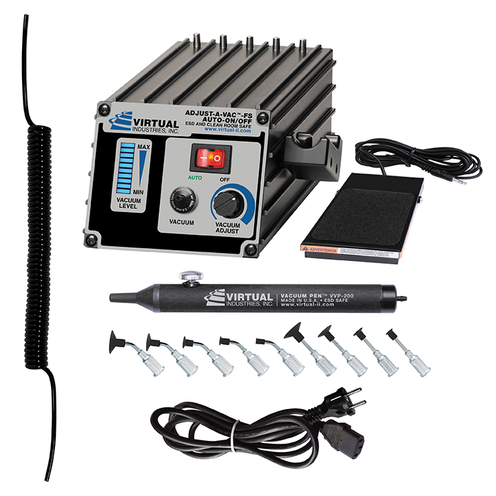 AV-6000A-FS-220, 220 VOLT AC, ADJUST-A-VAC™ AUTO-ON/OFF ESD-SAFE Kit With Foot Switch, Static Dissipative Non-Marking Vacuum Cups With Probes - Industries - Site of Virtual Industries
