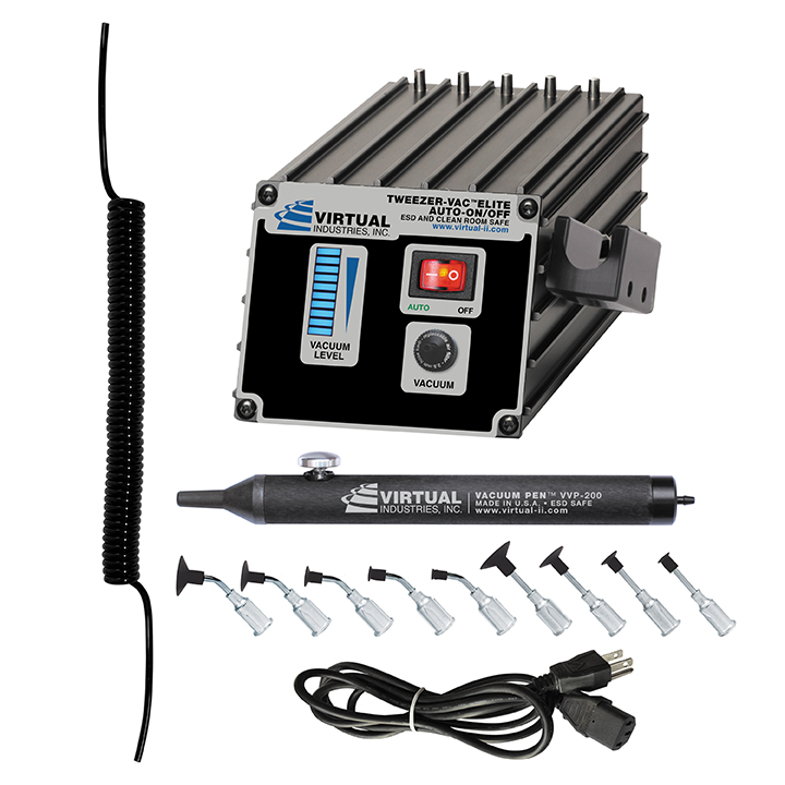 TV-1500A-ELITE-110, 110 VOLT AC, TWEEZER-VAC™ ELITE AUTO-ON/OFF ESD-SAFE Kit With Buna-N Dissipative Non-Marking Vacuum Cups With Probes - Virtual Industries Official of Virtual Industries